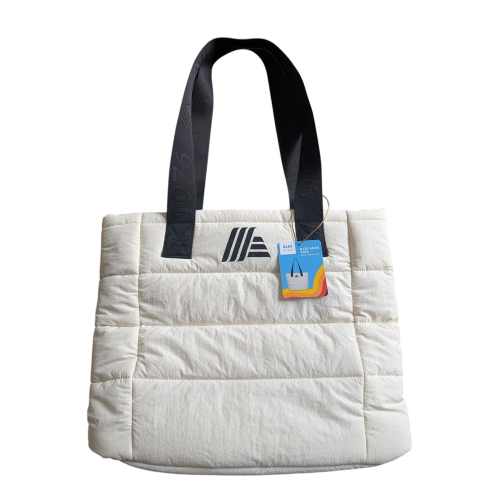 Aldi 50th Anniversary Gear Puffer Tote Bag Cream White Quilted Nylon Logo